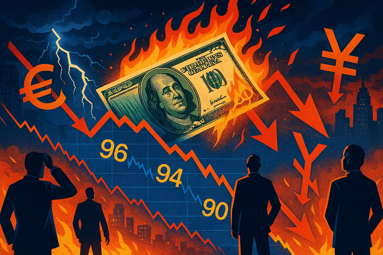 US dollar collapsing through three glowing DXY levels