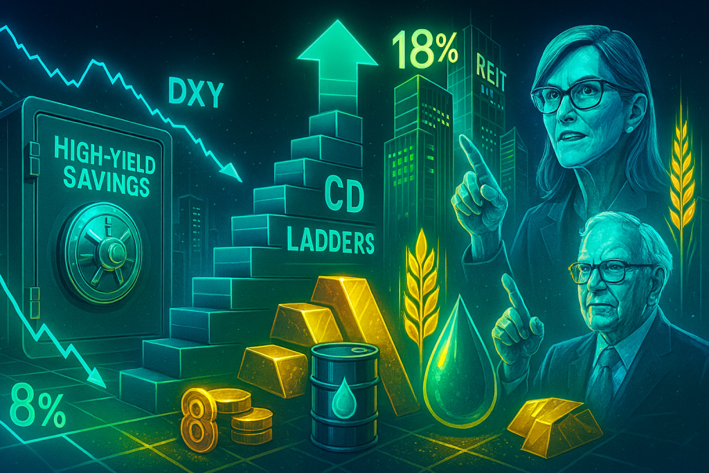 Futuristic finance collage with vault, ladders, REITs, commodities, and holographic advisors.