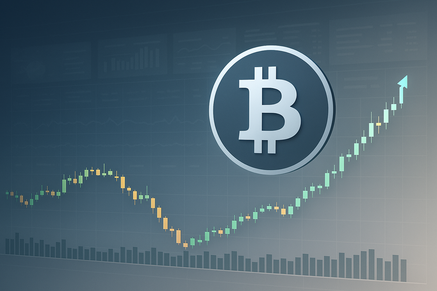 Bitcoin surges and a coin in front of a chart with the price going up and down.