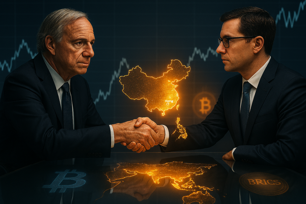 Ray Dalio shaking hands JP Morgan analyst map background BRICS de-dollarization