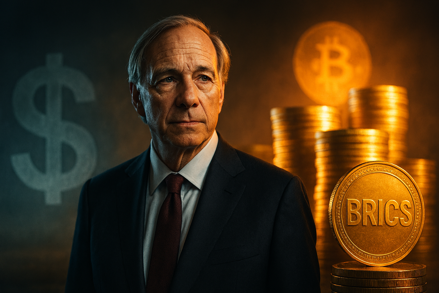 Ray Dalio in a sharp suit standing in front of a fading US dollar symbol losing its glow, while BRICS golden coins rise