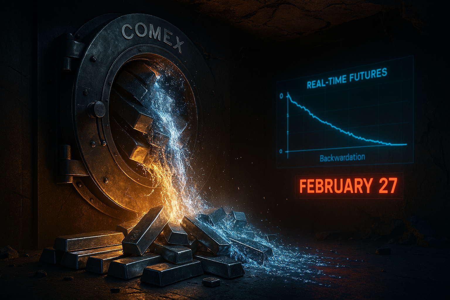 COMEX vault door bursting open with silver bars spilling out, backwardation futures chart and "February 27" countdown in the background
