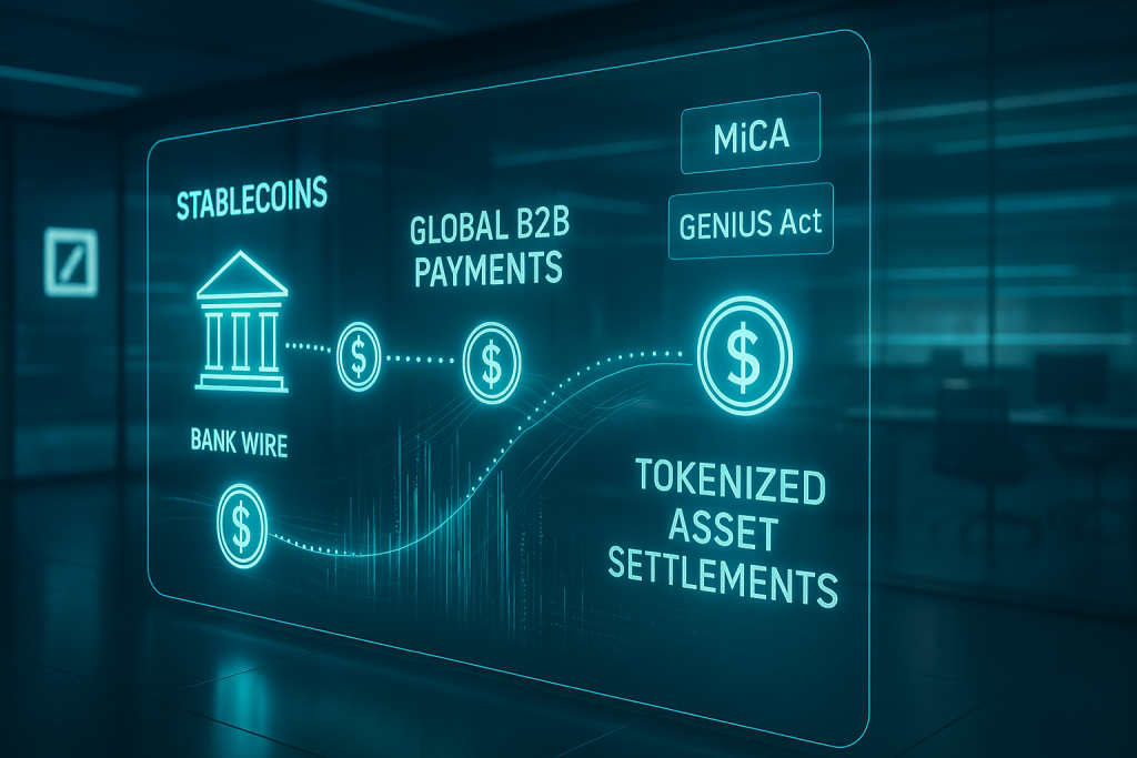 Stablecoin use cases is evolving into real-world stablecoin payments. Thanks to stablecoin regulation 2026 B2B stablecoin payments are improving. This is according to Deutsche Bank Digital Assets branch.