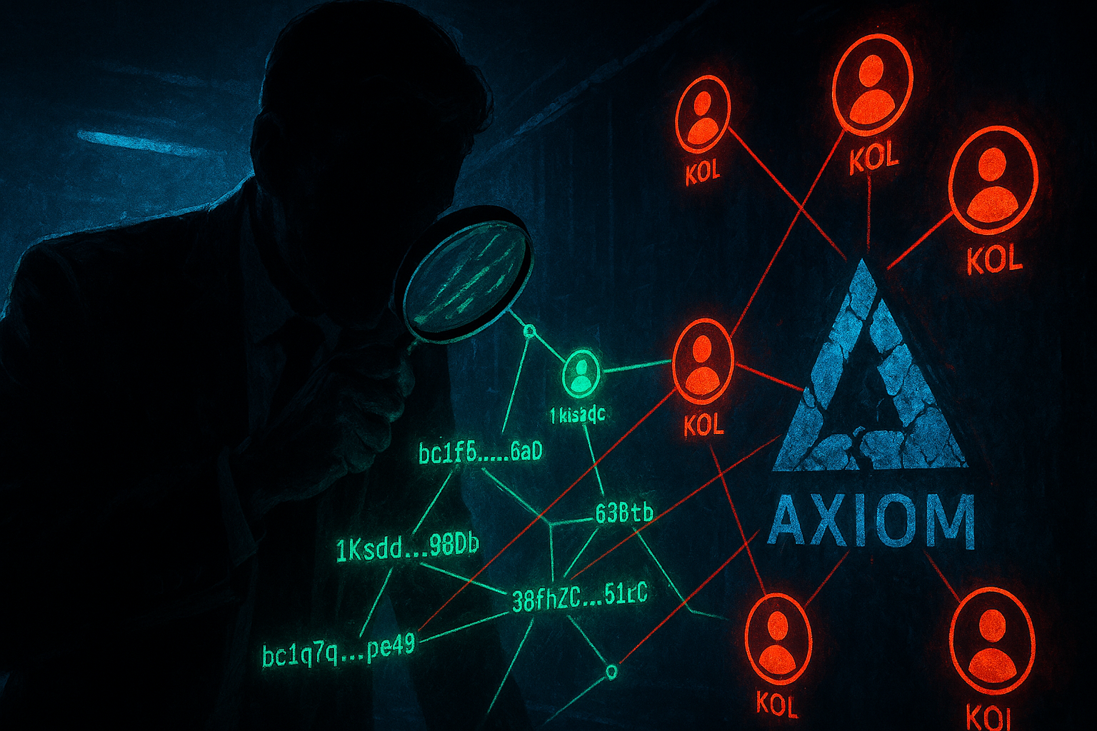 A shadowy figure examines a web of crypto wallet addresses connected to KOL targets, all tied back to a cracked Axiom logo
