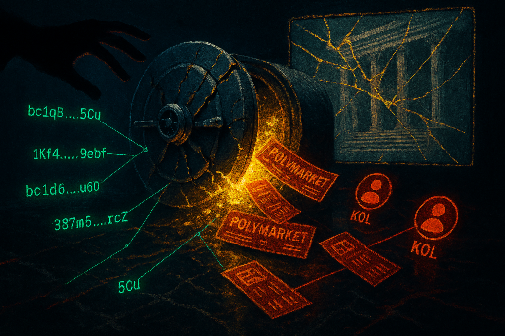 A cracked vault spills Polymarket betting slips and KOL wallet addresses onto the floor, with a shadowy hand reaching in and a shattered courthouse visible in the background