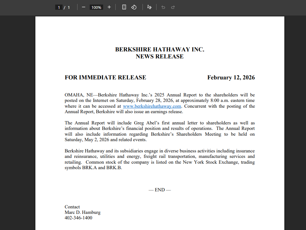 Berkshire Hathaway press release confirming Greg Abel's first annual shareholder letter, due February 28, 2026
