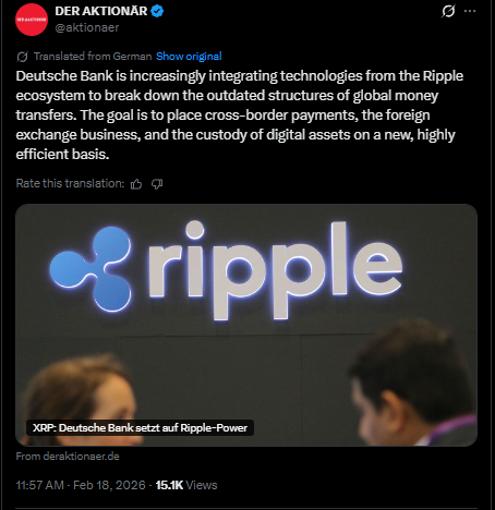 Der Aktionär translated tweet on Deutsche Bank integrating Ripple ecosystem technologies for cross-border payments and digital asset custody