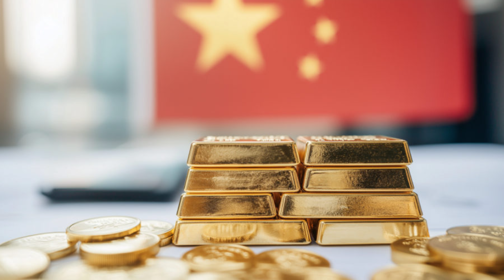 Gold bars alongside Chinese flag