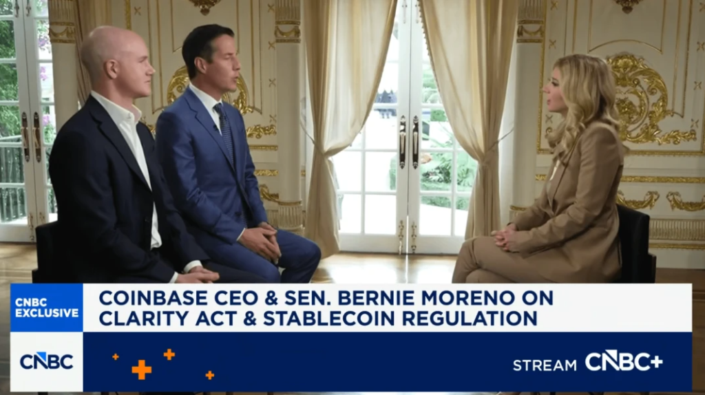 CNBC exclusive with Coinbase CEO Brian Armstrong and Sen. Bernie Moreno on the Clarity Act and stablecoin regulation