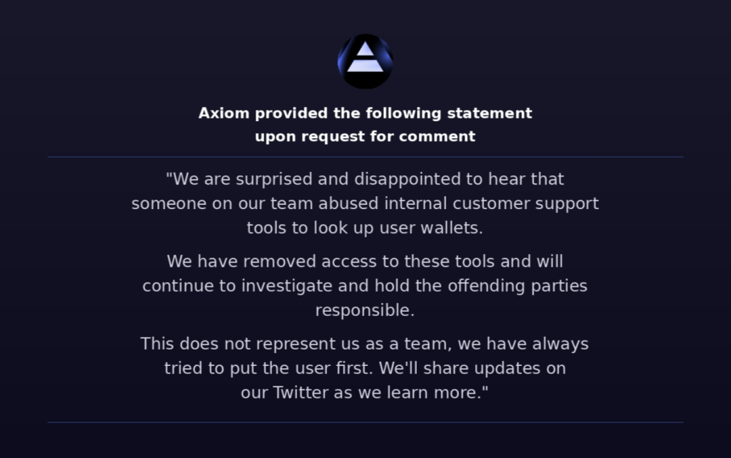 Axiom official statement provided upon ZachXBT's request for comment