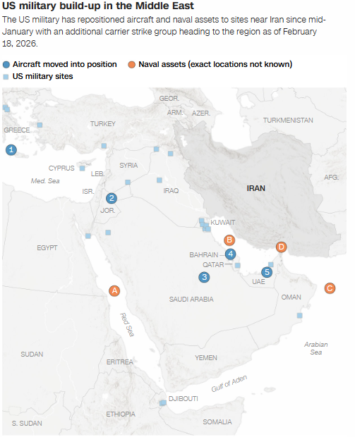 Map of US military build-up in the Middle East - aircraft and naval positions
