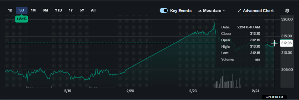 GOOG 5-day price chart, Feb. 19-24, stock at $312.96 up 1.85%