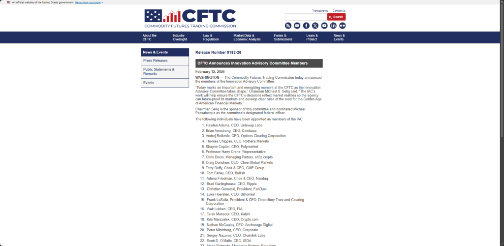 Official CFTC announcement document listing all 35 Innovation Advisory Committee members