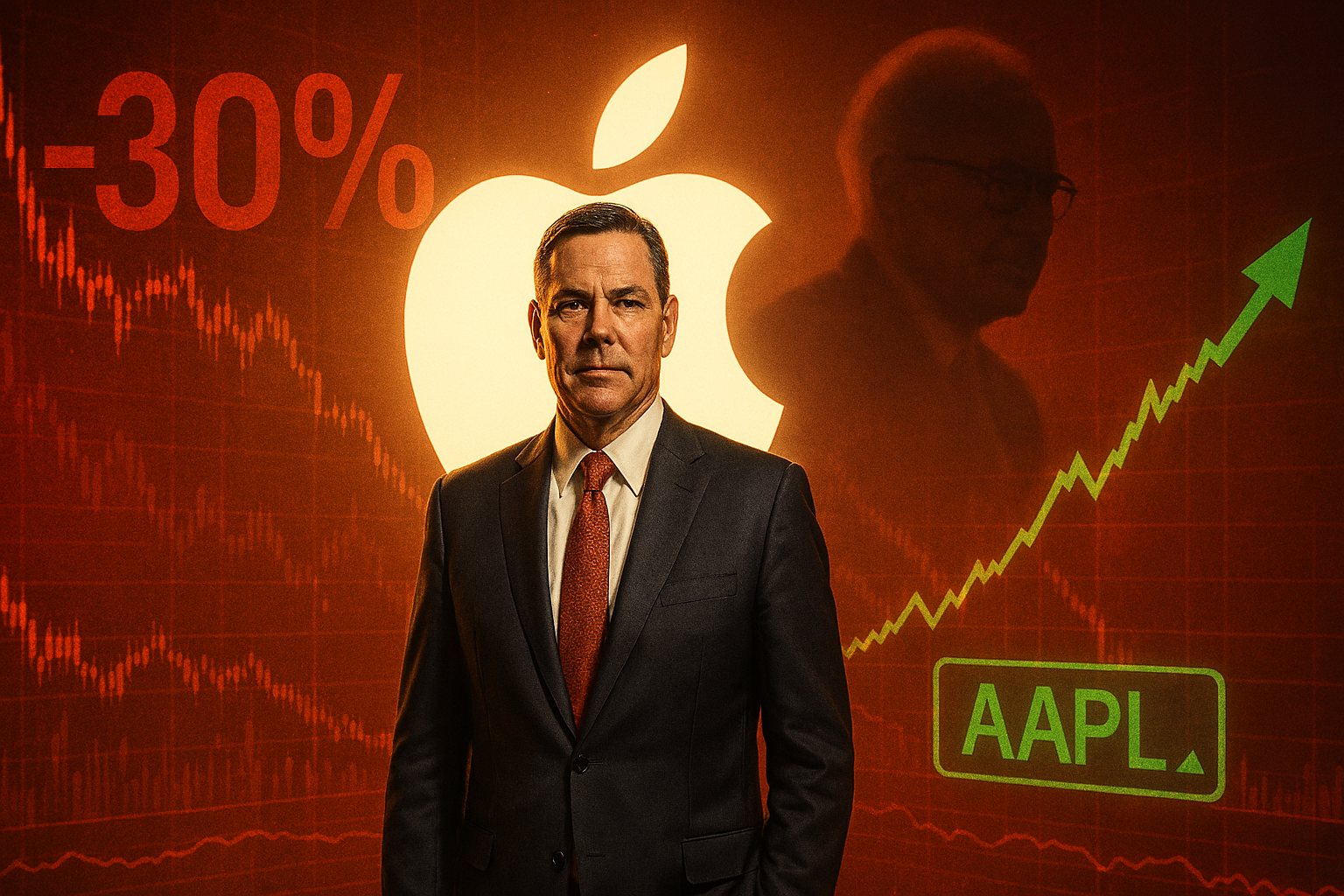 Greg Abel stands against a backdrop of red financial charts, a -30% marker, and a rising AAPL ticker, with Buffett's shadow looming behind him