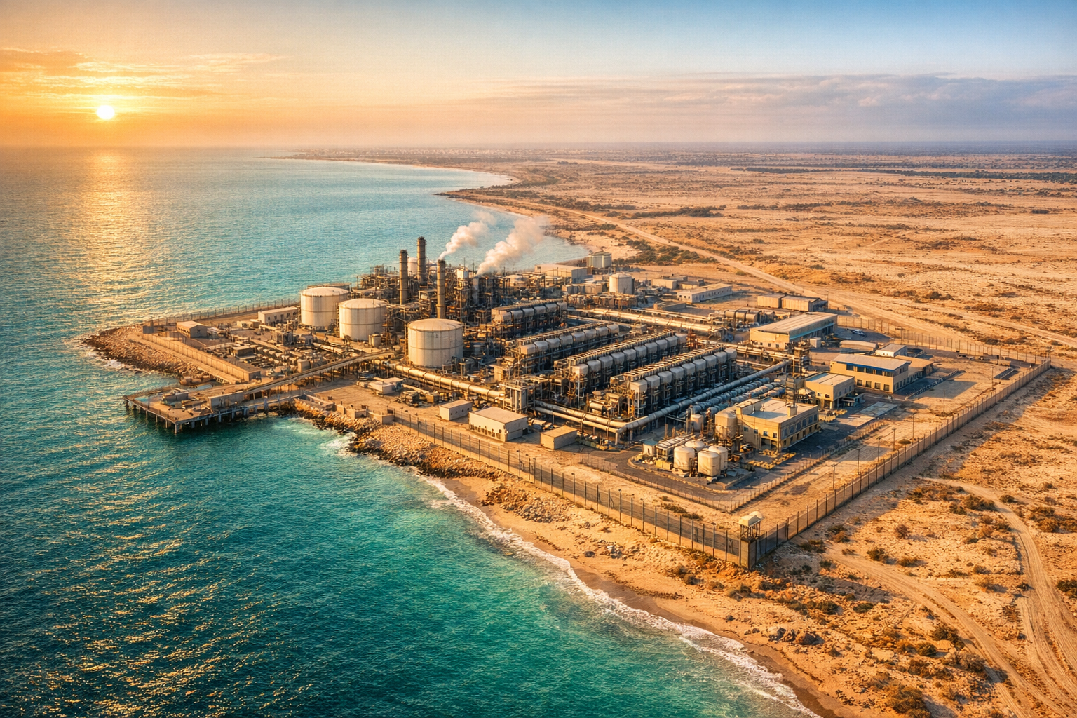 modern desalination plant on a Gulf coastline at golden hour
