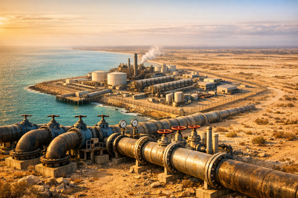 large industrial water pipes and pumping infrastructure running along a Gulf coastline
