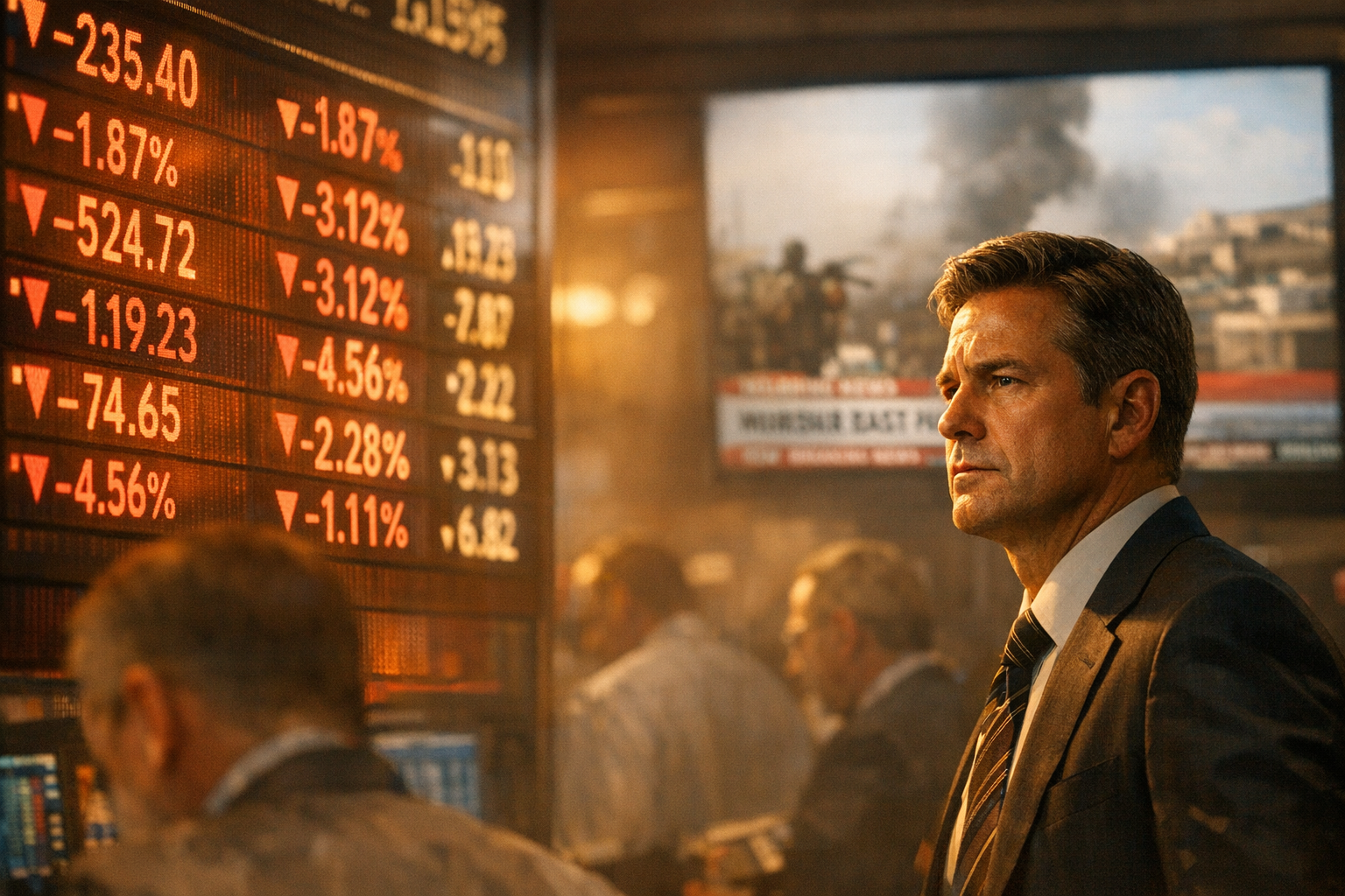 glowing stock ticker board inside a busy trading floor