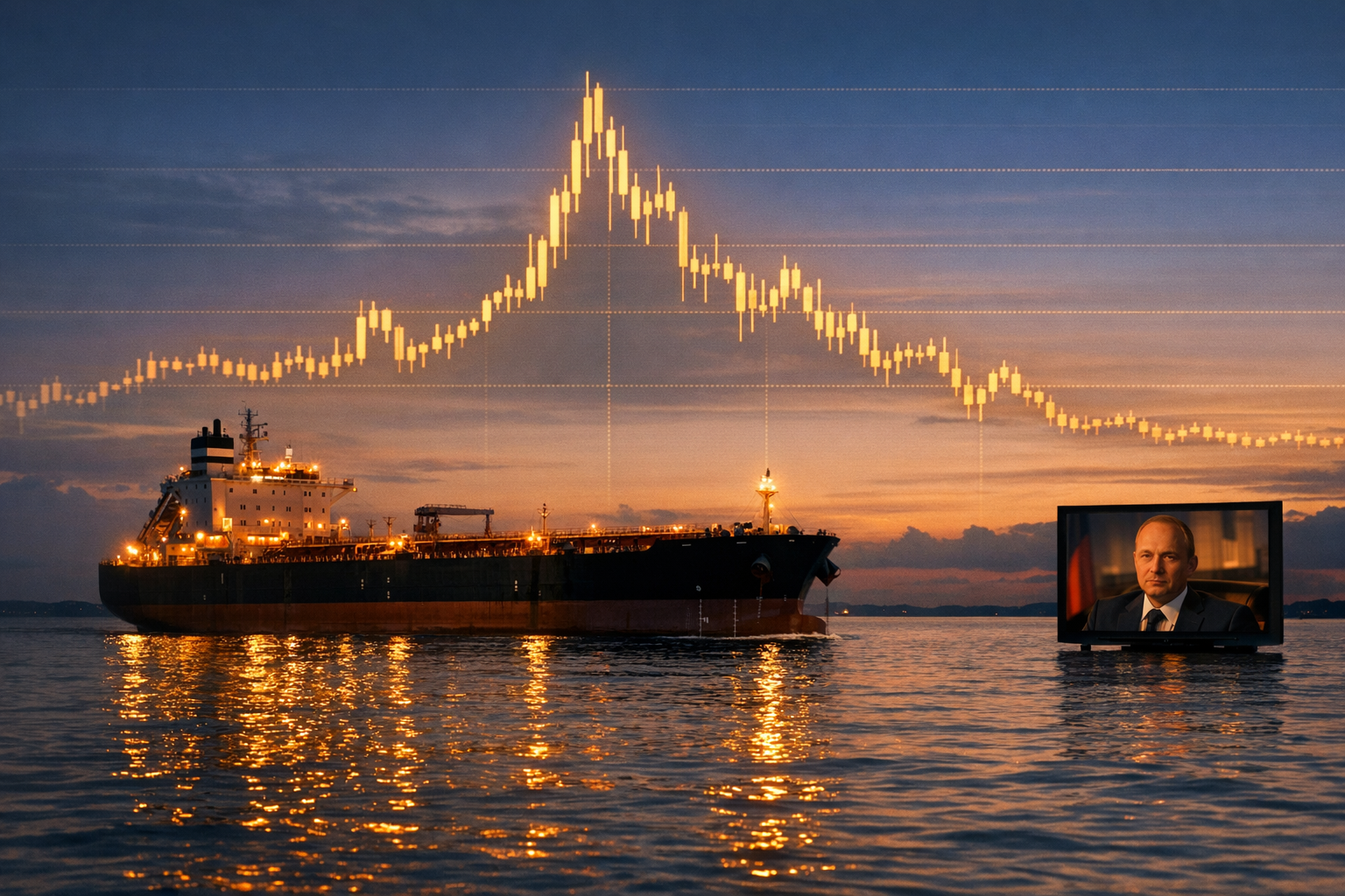 Oil tanker on calm water at dusk with volatile price chart overlay
