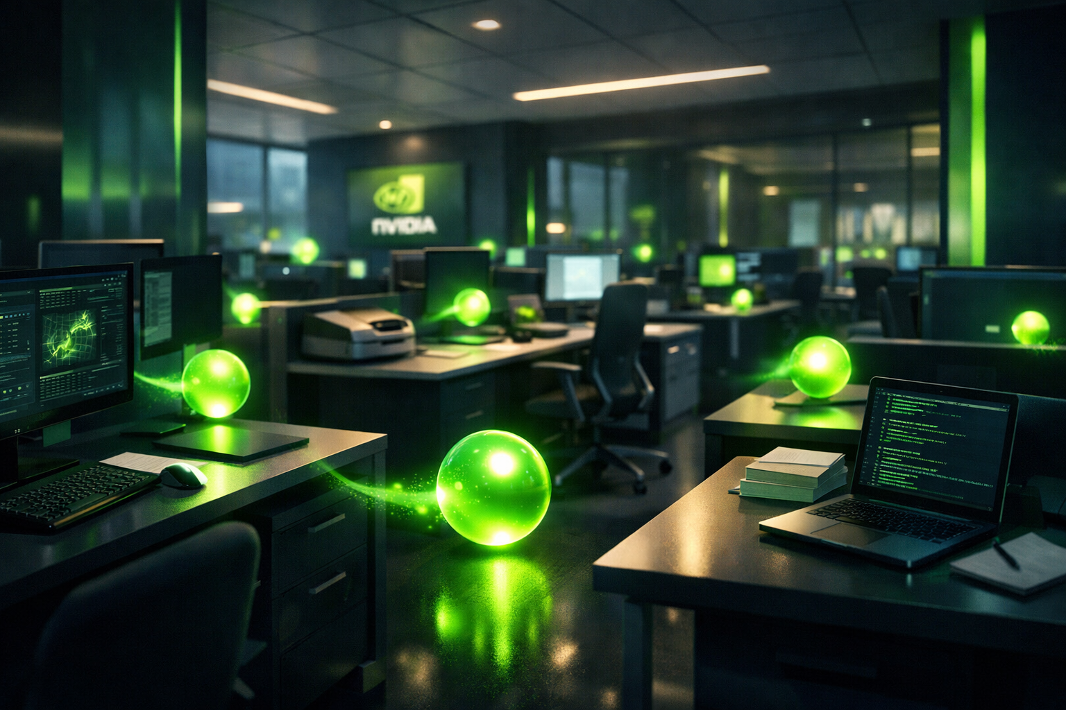 Nvidia futuristic open office where glowing green AI agents