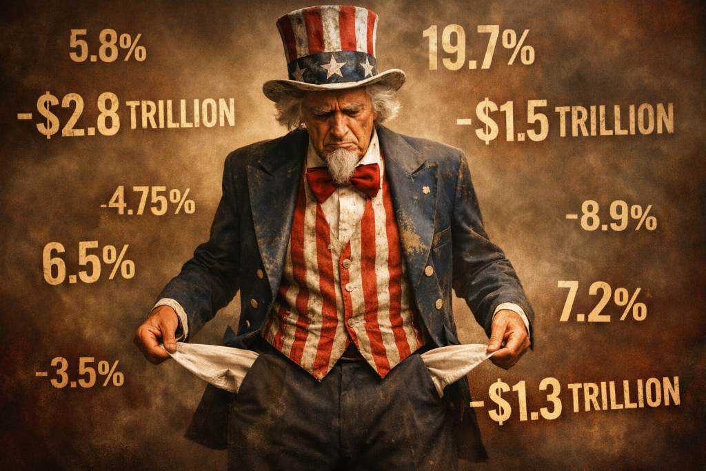 Uncle Sam emptying his pockets with nothing left US national debt