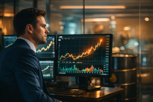 financial analyst in a glass-walled trading floor office, staring at multiple screens showing oil price charts spiking