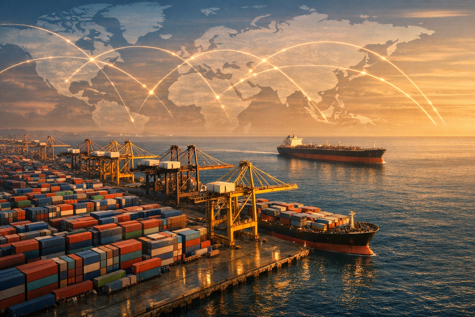 massive modern container port at golden hour China de-dollarization