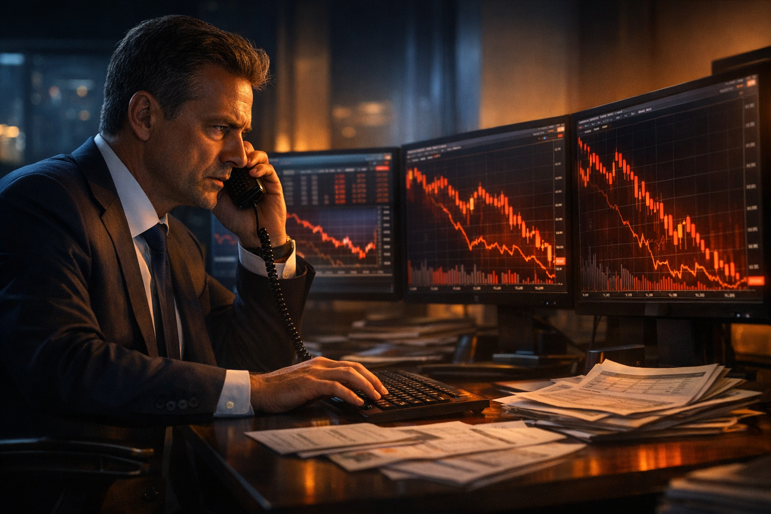 portfolio manager at desk with charts collapsing