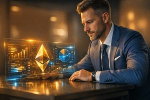 analyst at a sleek modern desk, reviewing a Ethereum staking yield dashboard