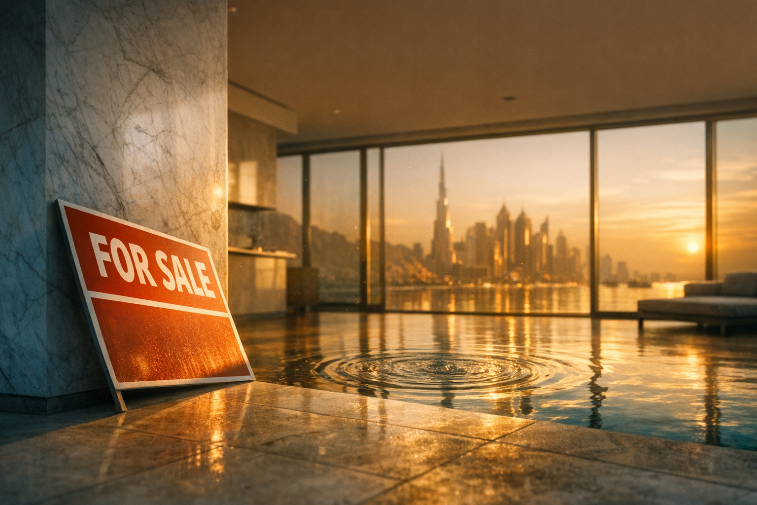 Dubai real estate crash: a "For Sale" sign in an empty luxury apartment as the property market collapses amid the Iran war
