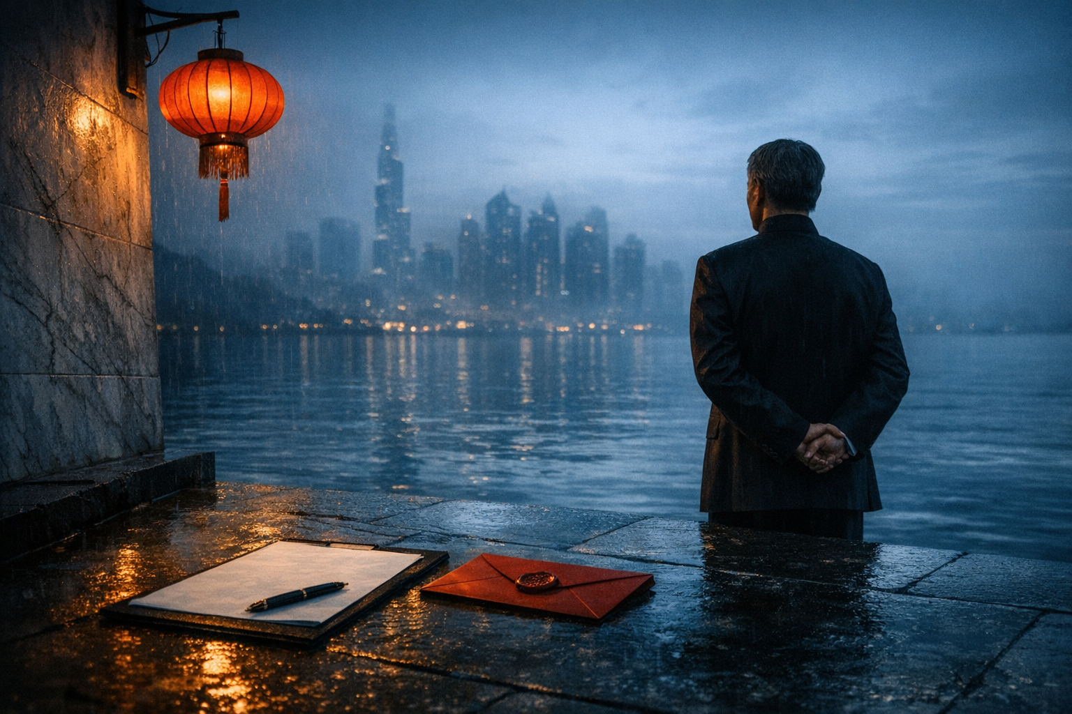 Official at rain-soaked harbor, unsigned document and red envelope in foreground, foggy city skyline across the water