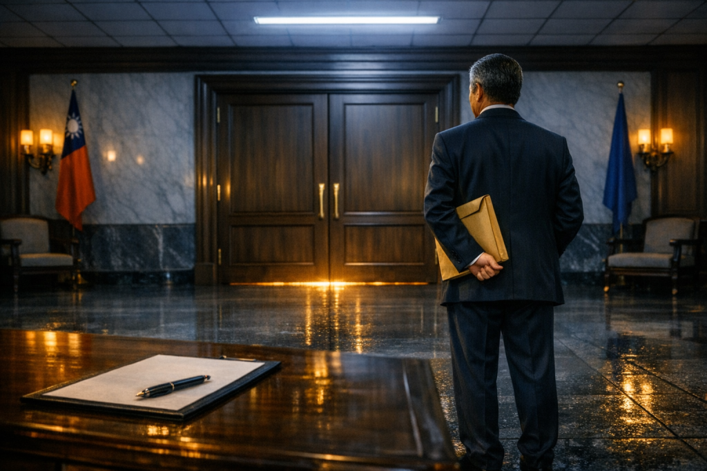 Senior official facing closed doors in formal hall, unsigned document on table, Taiwan flag visible