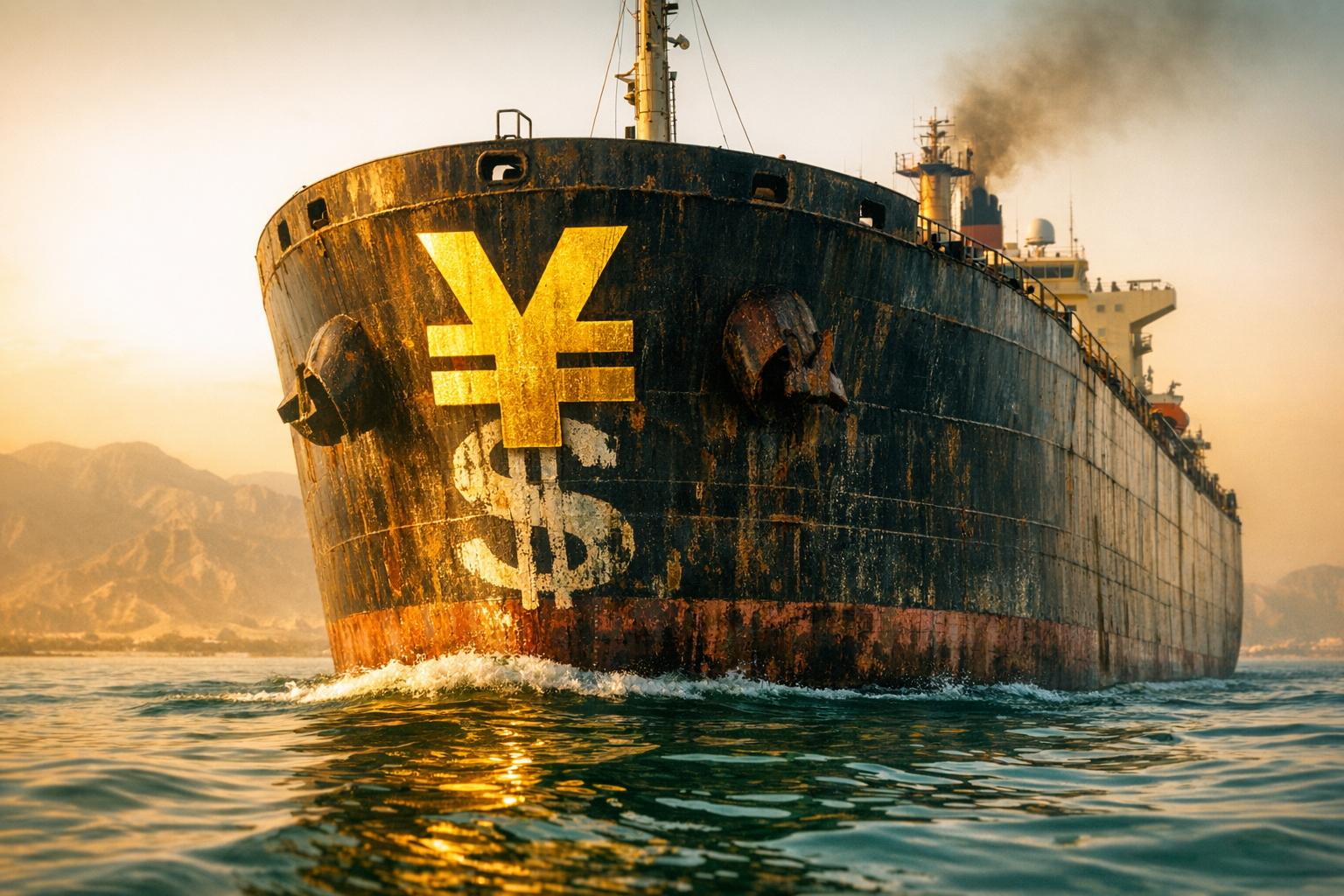 Oil tanker bearing a golden yuan symbol over a faded dollar sign, sailing through the Strait of Hormuz at golden hour