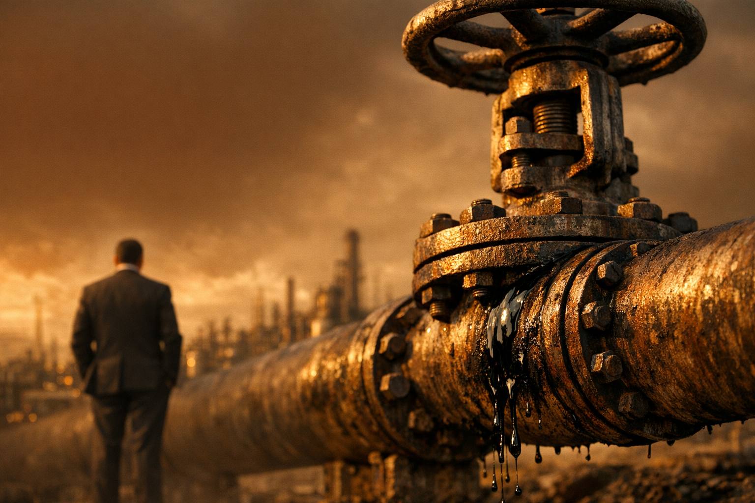 Iran oil price crisis — crude drips from a corroded valve as the Hormuz oil price forecast darkens