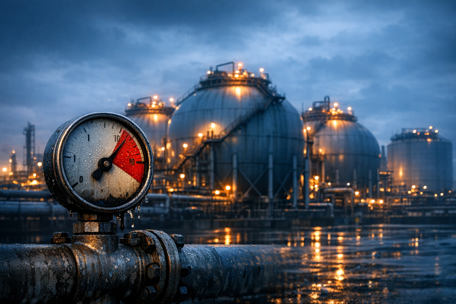 Pressure gauge in the red at a European LNG terminal as Europe gas prices 2026 continue to climb amid the Hormuz gas supply disruption