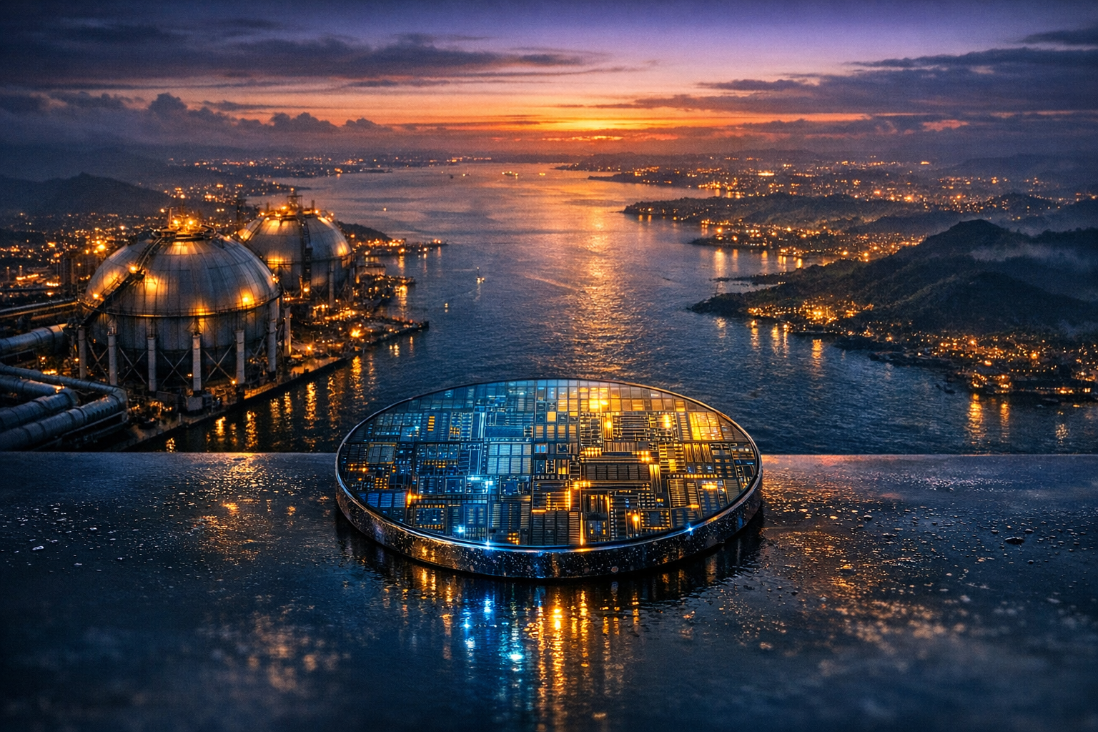 Silicon wafer over the Taiwan Strait at dusk as China Taiwan conflict 2026 tensions and Taiwan semiconductor risk reshape the global chip supply chain