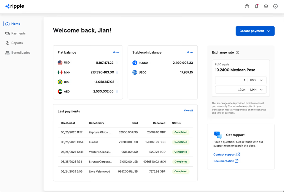 Ripple Payments dashboard showing fiat and stablecoin balances