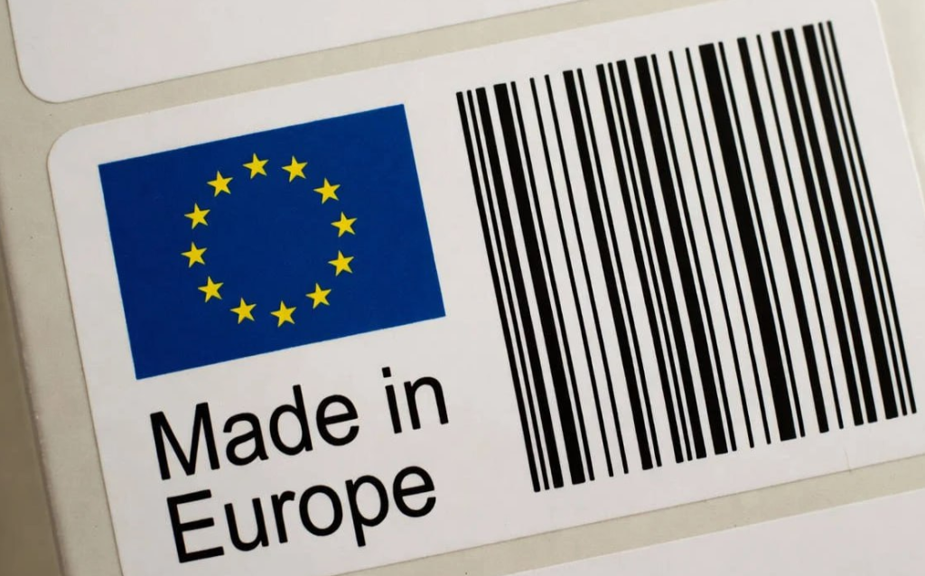 A "Made in Europe" label featuring the EU flag and barcode