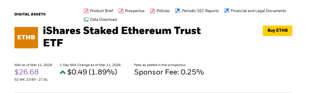 BlackRock iShares ETHB Ethereum ETF Nasdaq listing debut March 2026