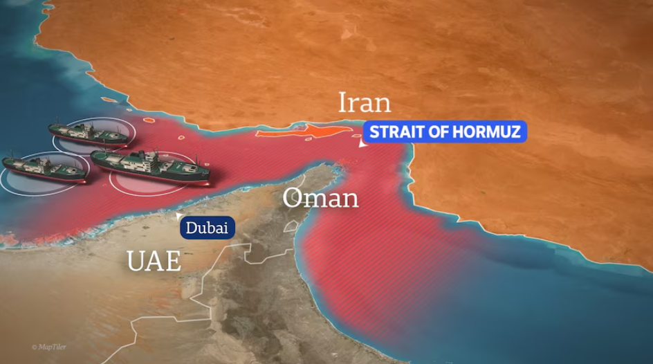 Map showing the Strait of Hormuz location between Iran, Oman, and the UAE, with tanker vessels highlighted in the region