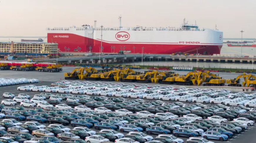 BYD Shenzhen LNG-powered car carrier loaded with BYD vehicles at port, ready for export