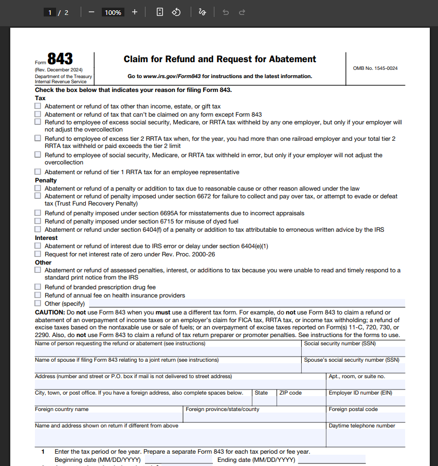 IRS Form 843 Claim for Refund and Request for Abatement, the form required to file an IRS pandemic refund claim before the July 10, 2026 deadline