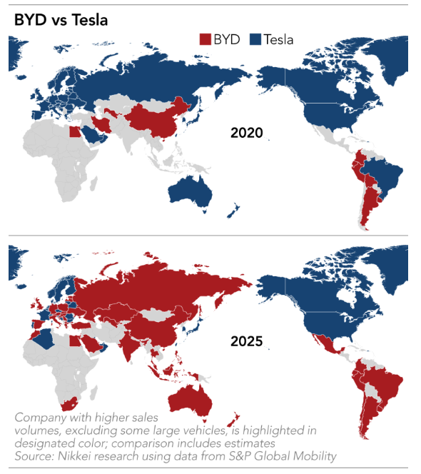 BYD vs Tesla world map 2020 vs 2025, showing BYD red spreading across Europe, Asia, and Latin America