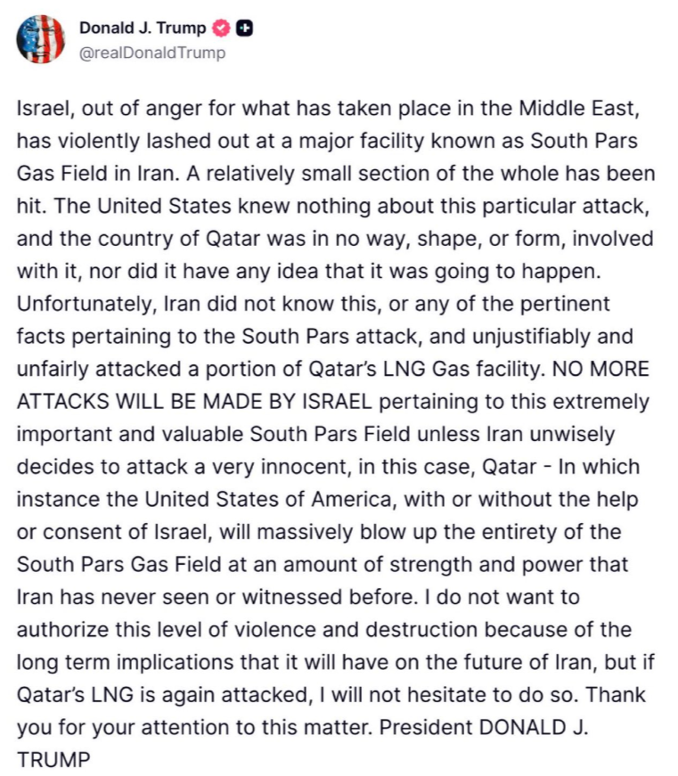 Trump Truth Social post on South Pars