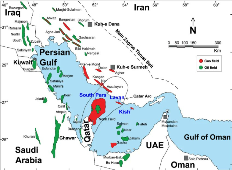 Persian Gulf oil and gas field map showing South Pars location