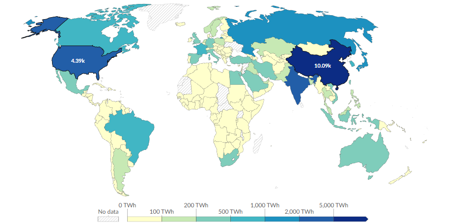 World map showing electricity generation by country in 2025
