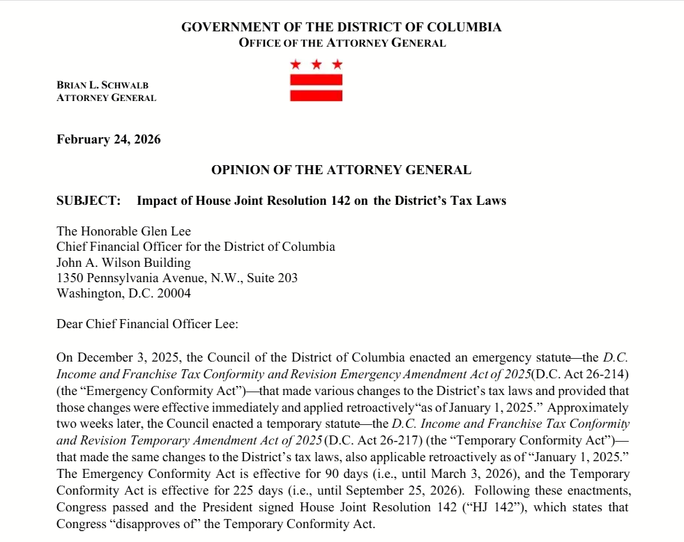 D.C. Attorney General opinion on House Joint Resolution 142 and its impact on D.C. tax conformity