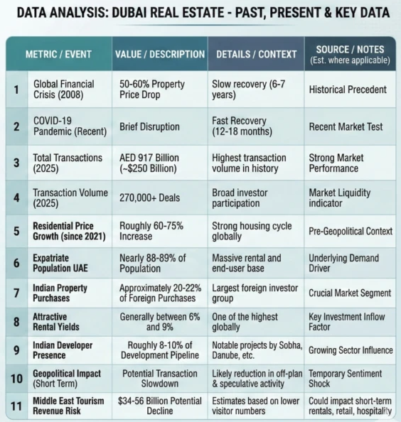 Dubai real estate data table: 2008 crisis, COVID recovery, 2025 record transactions, rental yields, Indian buyer share