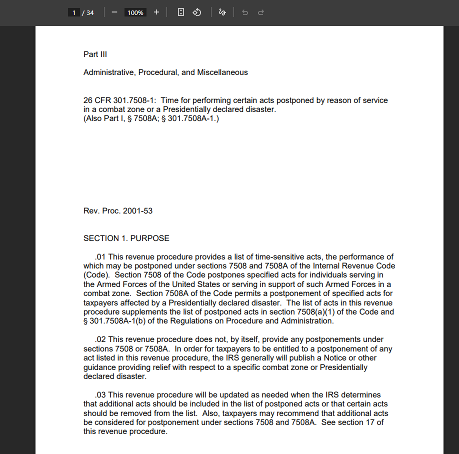 IRS Rev. Proc. 2001-53 document showing Section 7508A disaster postponement rules — the legal framework underlying the Kwong v. United States ruling