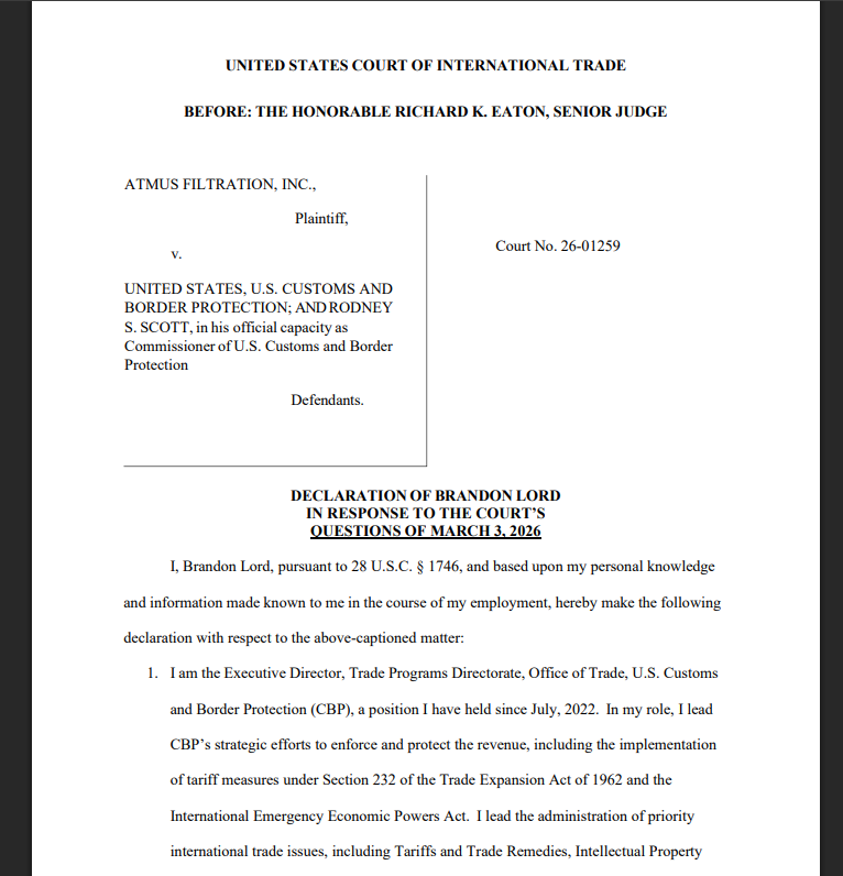 Court filing from Atmus Filtration, Inc. v. United States, showing CBP declaration before Judge Richard K. Eaton, March 2026