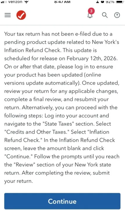 TurboTax app notice telling NY users their return can't be e-filed due to a pending update for New York's Inflation Refund Check